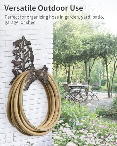 Cast Iron Garden Hose Holder Heavy Duty - Rustic Wall Mount Water Hose Hanger Reel Organizer, Decorative Birds & Branch Design, Vintage Outdoor Garden Yard Patio Storage Rack, Black-Brown - Image 7