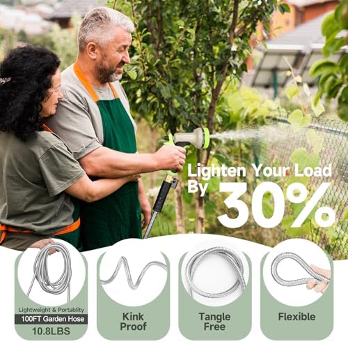 Metal Garden Hose 100 ft Stainless Steel Water Hose Heavy Duty with 10 Way Nozzle-Flexible Lightweight Durable No Kink & Tangle Hoses Pipe Strong 3/4’’ Solid Brass Fitting for Outdoor Yard - Image 3