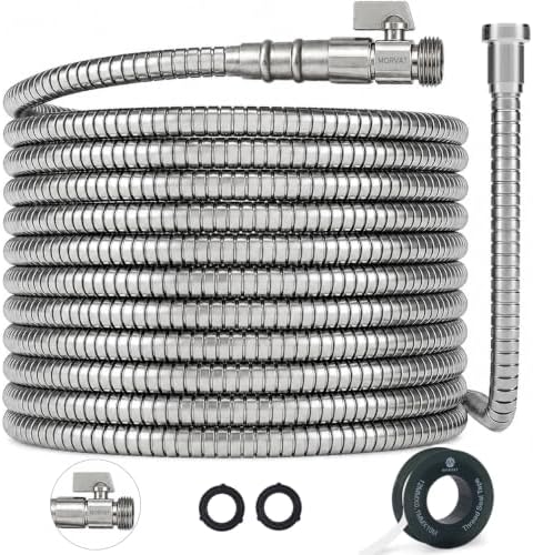 Morvat 100ft Stainless Steel Garden Hose Metal with Brass ON/OFF Valve, Heavy Duty for Nozzle, Water, Yard & Outdoor, Lightweight No-Kink, Crush & Puncture Resistant, Roll of Teflon Tape & 3 Washers by Morvat