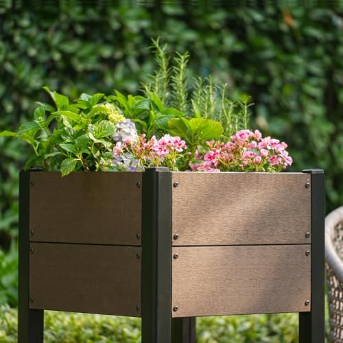 IDEALHOUSE 19.37"x19.37"x33.46" Raised Garden Bed, HDPE Elevated Planter Box with Sturdy Aluminum Frame, Wood Grain Outdoor Planter with Storage Shelf for Patio, Balcony, Lawn - Image 4