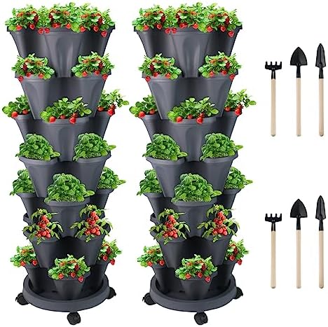 GameXcel Vertical Planter Tower - 7 Tier Stackable Garden Planters with Wheels and Tools Plant Pots for Strawberry Herb Flower and Vegetable Indoor Outdoor Use Dark Gray 2 Pack by GameXcel