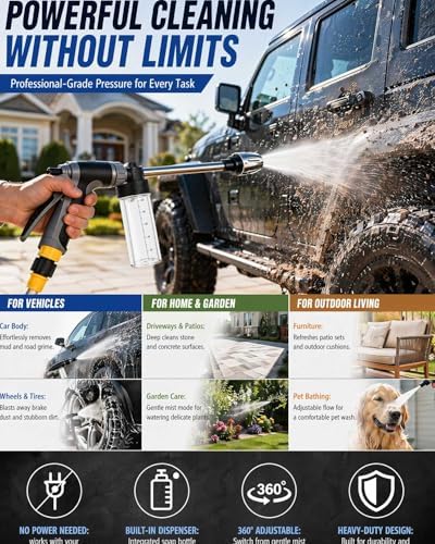 Heavy Duty Garden Hose Nozzle, 2026 Upgraded High Pressure Water Cleaning Jet, Multi-Function Sprayer for Lawn, Yard, Car, Pet, Driveway – Universal Fit 3/4 Inch Thread, No Electricity Needed - Image 5