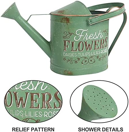 Vintage Metal Watering Can with Fresh Flowers Emboss Garden Decorative Watering Pot Farmhouse Water Can for Home Indoor Outdoor Garden Balcony Courtyard (Green) - Image 3