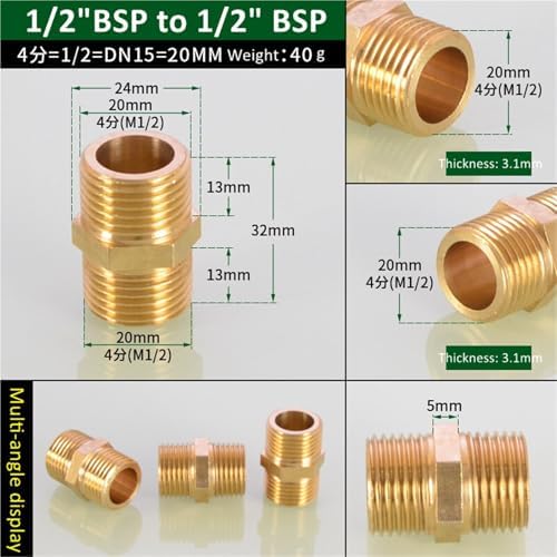 Hose Connector 6pcs Brass Pipe Hex Nipple Fitting 1/8" 1/4" 3/8" 1/2" 3/4" 1" BSP Male Thread Quick Adapter Coupler Connector for Garden Fitting(1l2 to 1l2) - Image 2