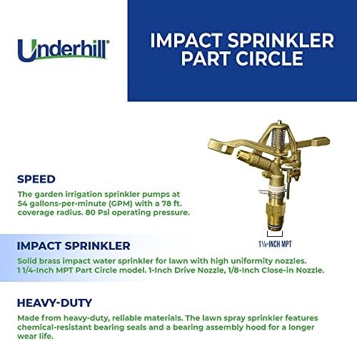 Underhill Impact Sprinkler Head, Heavy Metal, 1 1/4-Inch MPT Part Circle, Brass, 78-Foot, 1-Inch Drive Nozzle, 1/8-Inch Close-in Nozzle, SI125P - Image 4