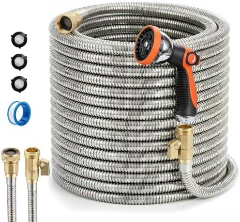 Garden Hose, 50ft 5/8" Stainless Steel Water Hose w/ 10-Mode Spray Nozzle, On/Off Valve, 523 PSI Burst, Anti-Kink, Lightweight All-Weather Flexible, Leakproof 3/4" Brass Male to Female Fittings by GOCHIFIX