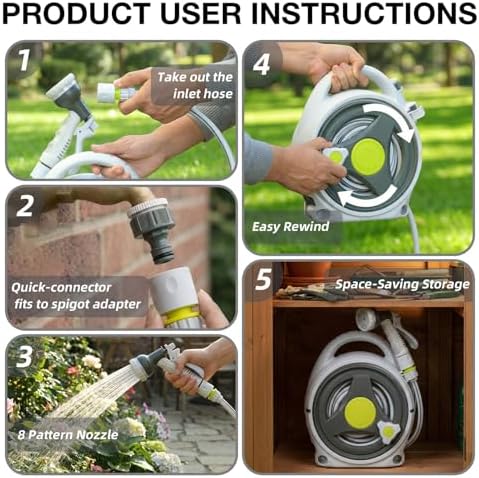 Portable Garden Hose Reel 50 ft, ABS Lightweight Hose Storage Tote with 9 Patterns Nozzle for Small Yard, Balcony & Patio, Manual Rewind & No Assembly Required - Image 6