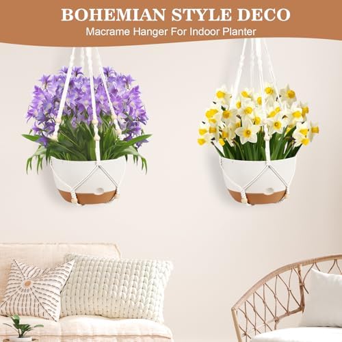 3 Pack Hanging Pot for Indoor Plants, 10inch Self-Watering Hanging Planter, Macrame Plant Hanger with Pot, Metal Chain, S & Ceiling Hooks, Removable Saucer and Drainage Holes for Garden Home - White - Image 4