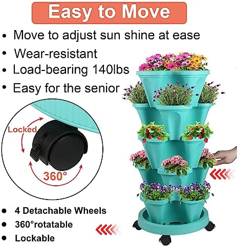 DUNCHATY Stackable Planter, Vertical Garden Planter with Wheels and Garden Tools, Strawberry Planter Indoor/Outdoor 5 Tier Herb Planter Pots for Growing Vegetables and Succulents,Teal - Image 2