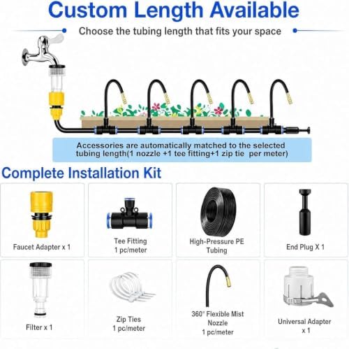 Tubing Drippers Canopy Misting System, Adjustable Bendable Brass Mist Nozzles+Faucet Adapter+Hose(30cm/12in,L 98ft(30m)) - Image 2