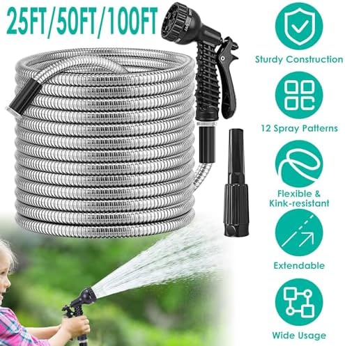 iMounTEK 100FT Garden Hose Heavy Duty Stainless Steel Garden Hose Garden Watering Kit Metal Water Hose w/ 2 Nozzles 12 Patterns Flexible Extendable Kink Tangle Puncture Resistant Dog Proof for Garden - Image 2
