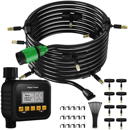 Misters for Outside Patio with Timer, Misting Cooling System with 33FT Hose and 8 Brass Nozzles, 9 Modes, 3/4” NPT Faucet Adapter, Automatic Misters for Chicken Coop Backyard Garden Porch Gazebos by Unknown