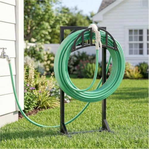 YQSLYSF Garden Hose Reel Holder, Water Hose Stand with 4 Stake and 2 Tool Hooks, Heavy-Duty Metal Hose Storage Holds 150Ft, Freestanding Hose Hanger Rack for Outside, Yard, Lawn, Farm（White） - Image 2