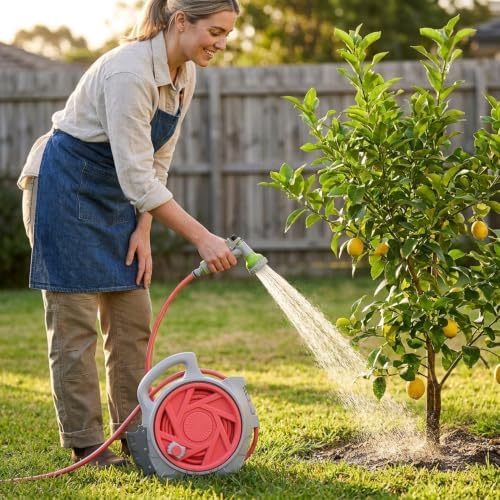 mini portable garden pipe cart, adjustable spray gun with 6 different gears, suitable for various faucets, portable water pipe truck can be used for car washing, watering plants (Pink) - Image 4