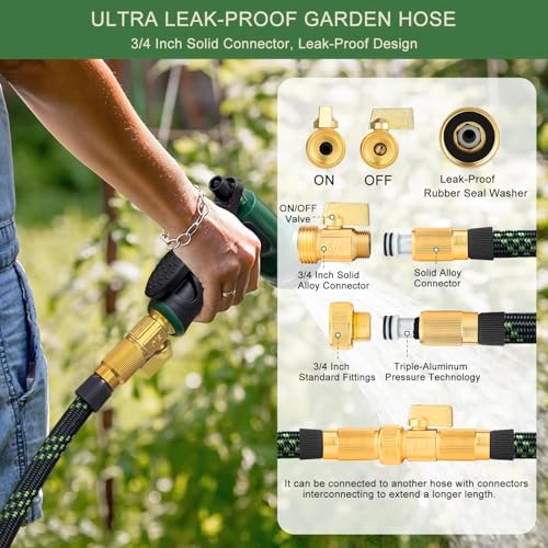 Garden Hose Non-Expandable 75 ft, Lightweight Flexible Water Hose with 10 Function Spray Nozzle, Outdoor Leak Proof, Kink-Free, Portable Hose for Yard, Lawn, Camper, High-Density Fabric, Black Green - Image 4
