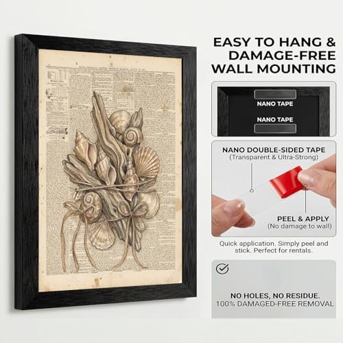 Framed Canvas Wall Art Vintage Seashells and Driftwood Muted Tones on Newspaper Print Canvas Print Poster Black Frame Wall Decor for Living Room Coastal Art, Ocean Decor - 12x16 Inch - Image 3