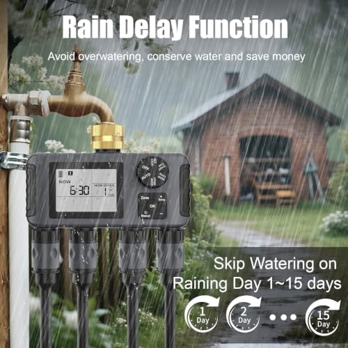 Hose Water Timer, Programmable Sprinkler Timer with Rain Delay/Manual/Automatic Drip Irrigation System for Outdoor Garden Yard, 4 Outlet - Image 6