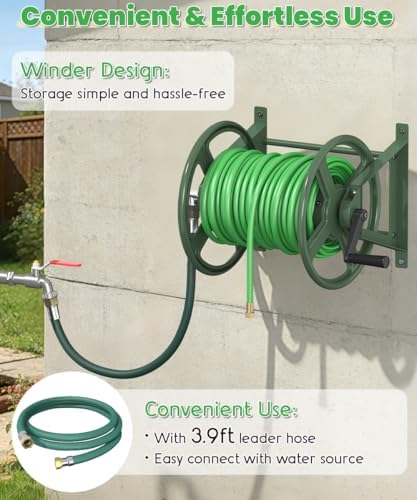 Garden Hose Reel Wall Mounted, Heavy-Duty Water Hose Holder Winder with 3.9 ft Leader Hose & Brass Fitting, Hose Hanger Storage Rack Holds 125-Feet of, 5/8-Inch, for Yard Lawn Farm, Green - Image 4