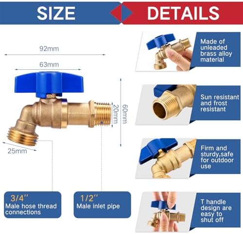 VIHOSE 10 Pack Brass Hose Bibb 1/2" MIP X 3/4" MHT Male Thread Valve, Blue - Image 4