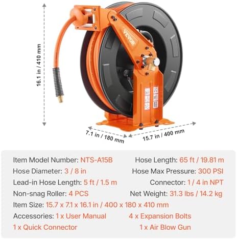 VEVOR Retractable Air Hose Reel with Double Arms, 3/8 IN x 65FT Hybrid Air Hose Max 300PSI, Air Compressor Hose Reel with 5FT Lead in, Ceiling/Wall Mount Heavy Duty Steel Reel for Workshop Garage - Image 7