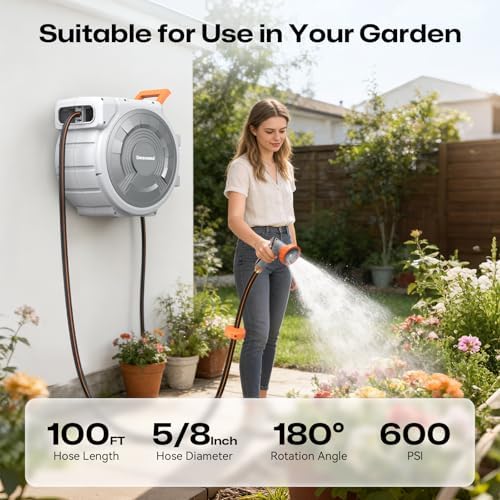Retractable Garden Hose Reel, 5/8 Inch 100FT Wall Mounted Heavy Duty Garden Hose Reel with 9 Patterns Nozzle, Any Length Lock, Upgraded Slow Return System and 180°Swivel Metal Bracket (5/8" 100FT) - Image 2