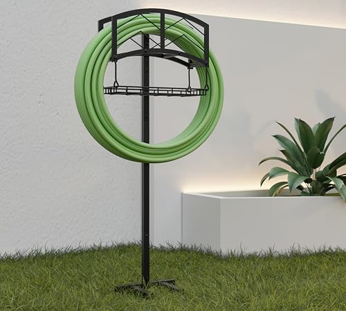 Kingson Portable Garden Hose Holder with Storage Basket - Heavy-Duty Black Steel Construction, Holds 150FT Hose, Freestanding & Detachable Design with Tools for Easy Assembly - Image 4