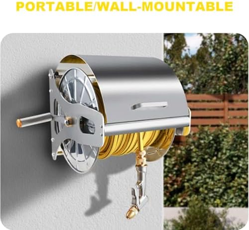 Stainless Steel Wall Mounted Garden Hose Reel Heavy Duty, Holds 164 ft 1/2-inch Water Hose Winder, Outdoor Manual Reel with Brass Fitting, Space Saving, for Yard Lawn Garage 30m - Image 7