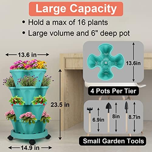 DUNCHATY Stackable Planter, Vertical Garden Planter with Wheels and Tools, Self Watering Strawberry Planter Indoor/Outdoor 3 Tier Herb Planter Pots for Growing Vegetables and Succulents, Teal - Image 3