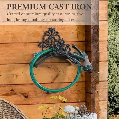 MyGift Wall Mounted Garden Hose Holder, Decorative Vintage French Floral Scrollwork hose Reel Hanger, Dark Coffee Cast Iron Water Hose Storage Rack - Image 2