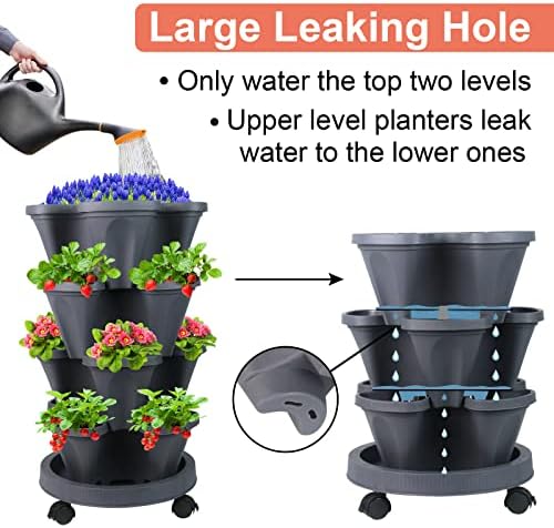 DUNCHATY Stackable Planter, Vertical Garden Planter with Wheels and Tools, Self Watering Strawberry Planter Indoor/Outdoor 3 Tier Herb Planter Pots for Growing Vegetables and Succulents, Dark Gray - Image 4