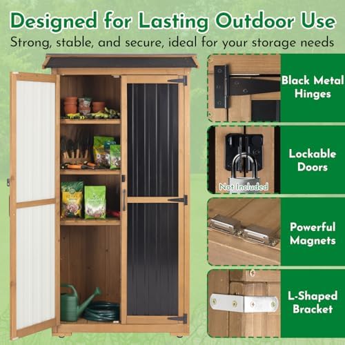 Ketive Outdoor Storage Cabinet, Wood & Metal Garden Cabinet with 3 Adjustable Shelf, Weather-Resistant Roof, Lockable Doors & Adjustable Feet for Patio, Garden, Farm (33" L x 21" W x 69" H) - Image 6