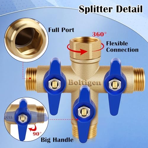 Boltigen 3 Way Garden Hose Splitter with Full Flow Port Heavy Duty Brass Water Hose Splitter 3/4'' GHT "+" Type Hose Connector Fitting Shut off Diverter Control Valve, for Outdoor Faucet Irrigation - Image 3
