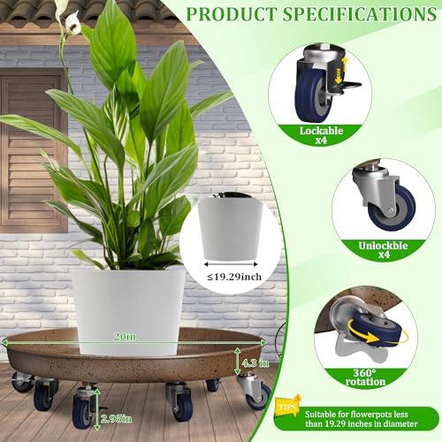 20" Metal Plant Caddy, Heavy Duty Planter Pot Mover with Iron Lockable Wheels and Drain Hole, Large Rolling Dolly Planter Caddy Flower Pot Indoor and Outdoor Flowerpot Tray (2pcs) - Image 3