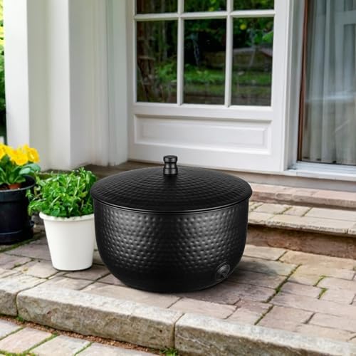Monarch Abode Garden Hose Holder with Lid – Decorative Water Hose Holders for Outside, Hand Hammered Metal Matte Black Pot with Drainage, 100ft Waterhose Holder for Outside, Garden Storage Caddy - Image 2