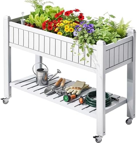 YITAHOME 43.3x17.7x34 in Elevated Garden Bed, Outdoor Plastic Planter Box with Wheels, Legs, Drain Plug, and Storage Shelf for Plants, Vegetables, Flowers, Herbs, Grayish-White by YITAHOME