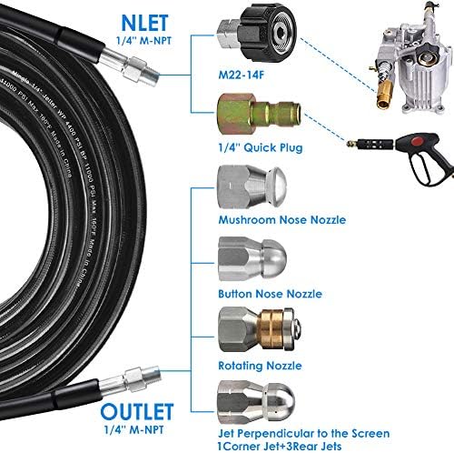 Sewer Jetter Kit for Pressure Washer 100FT, 5800PSI Drain Cleaner Hose 1/4 Inch NPT Corner, Rotating and Button Hose Sewer Jetting Nozzle Pearl Corsage Pin Waterproof Tape with 2 Spanner - Image 2