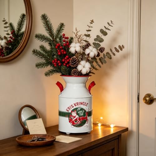 Vintage Christmas Kris Kringle Metal Milk Can Vase, Rustic Holiday Decorative Flower Jug with Red Handles, Festive Pitcher for Indoor Home Decor, Christmas Floral Arrangements - Image 4