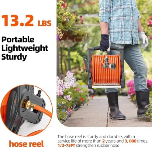 SPECILITE Portable Garden Hose Reel with 75ft Rubber Water Pipe+6.5ft, Wall Mount Lightweight Winder Combo with Nozzle for Outside, Yard, Patio - Image 2
