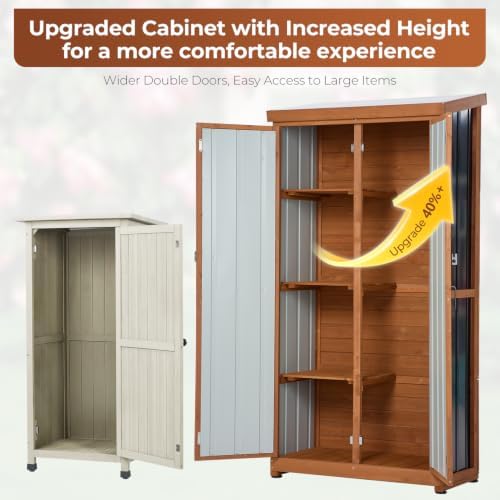 Tall Outdoor Storage Cabinet, 32" W x 16" D x 67" H Vertical Storage Shed with Wood Frame, Metal Panels, Padlock-Ready Double Doors, Sloped Roof and 3 Removable Shelves for Patio, Garden and Garage - Image 6