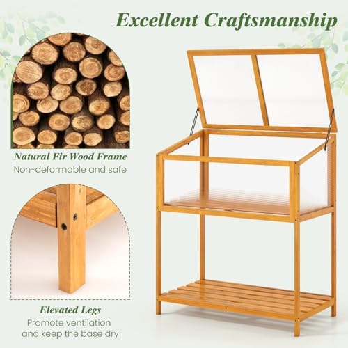 Giantex Wood Cold Frame Greenhouse, Raised Flower Planter Protection with Transparent Openable Roof & Slatted Shelf, Indoor Outdoor Hot House for Garden Balcony, 36”x20”x42” - Image 5