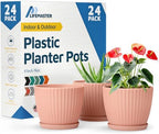 Pink 6-Inch Plant Pots with Drainage & Saucers 24 Pack, Indoor & Outdoor Planters for Houseplants, Herbs, and Flowers, Durable & Weatherproof Material, Stackable, Lightweight, Minimalist Design by LIFEMASTER