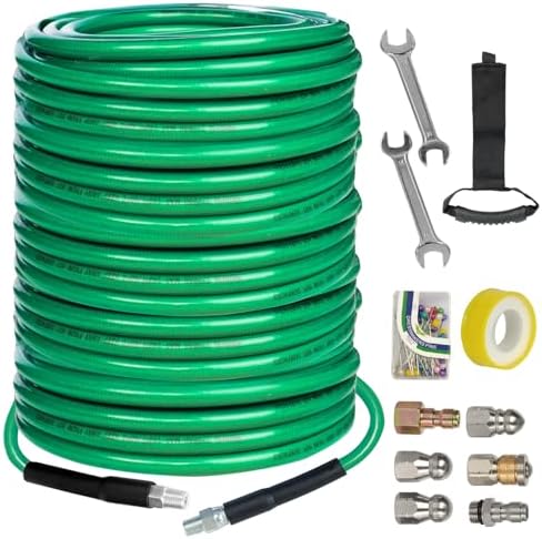Hourleey Sewer Jetter Kit for Pressure Washer 200FT, 4000 PSI Drain Cleaner Hose 1/4 Inch NPT, Corner Rotating and Button Hose Sewer Jetting Nozzle Pearl Corsage Pin Tape Handle Strap Spanner, Green by Hourleey