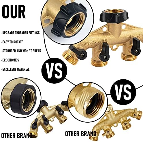 Hourleey Brass 4 Way Heavy Duty Garden Hose Splitter, Water Hose Splitter for 3/4" Hose Connector, Hose Faucet Splitter Hose Spigot Adapter 4 Valves with 4 Rubber Washers & Tape (Pack of 2) - Image 3