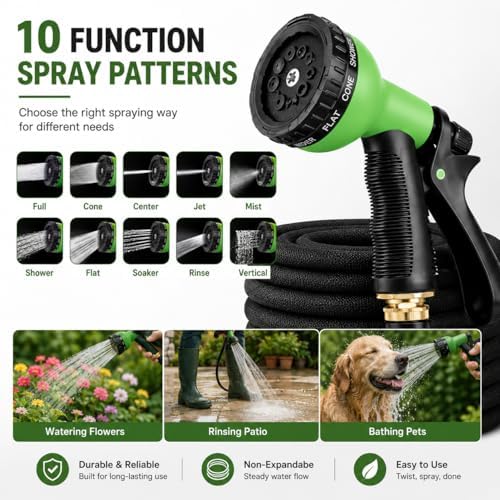 100FT Non-Expandable Flat Garden Hose with 10 Function Nozzle,No-Kink,Deep Black - Image 5