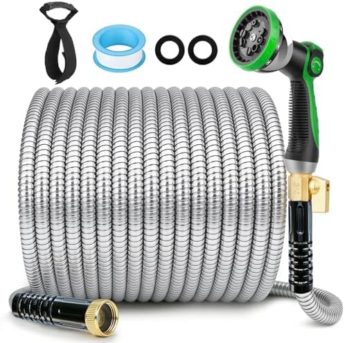 Stainless Steel Garden Hose 25 ft - 304 Stainless Steel Kink-Free Metal Water Hose with Shut-Off Valve & Hose Straps, Heavy Duty, Rust/Puncture Proof for Yard, Lawn and Car Washing, 25 Feet by Unknown