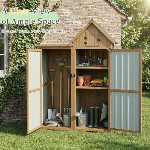 Outdoor Storage Cabinet Weatherproof with 3 Adjustable Shelves, 66'' H Wood & Metal Storage Shed with Lockable Doors & Waterproof Roof, Outside Garden Tool Sheds, Brown - Image 6