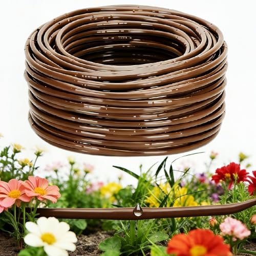 1/4" Drip Irrigation Tubing with 6" Emitter Spacing, (250 Ft Roll) Hydroponics Dripline with Built-in 0.5 GPH Dripper, Drip Line for Vegetation, Window Boxes and Garden (Brown) by Vikua