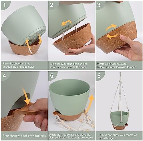 Vanslogreen 12 Inch Hanging Planters for Indoor Outdoor Plants, Self Watering Hanging Pot with Drainage Holes & Removable Tray, Macrame Plant Hanger for Boho Home Decor (Ivory+White) (Ivory+Green) - Image 5
