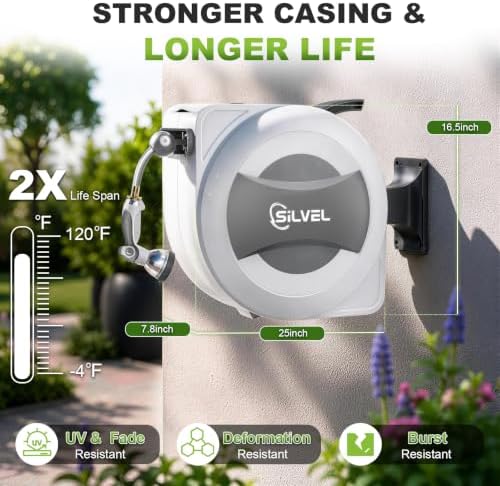 Silvel Automatic Retractable Garden Hose Reel, 1/2" x 110ft Wall Mount, 12V 2.5Ah Battery Powered & Button-type Length Control,Heavy Duty Hose Reel with 10 Pattern Nozzle, Upgraded UV Resistant - Image 7