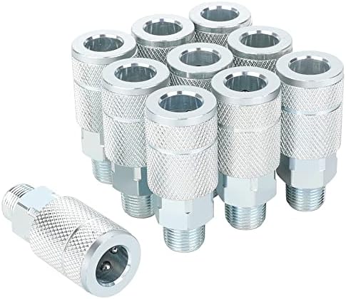 3/8 Air Compressor Hose Fittings, Automotive T-Type, 3/8 Inch NPT Male Threads Size, Steel Material, 10 Pieces Air Coupler Set by JOROY